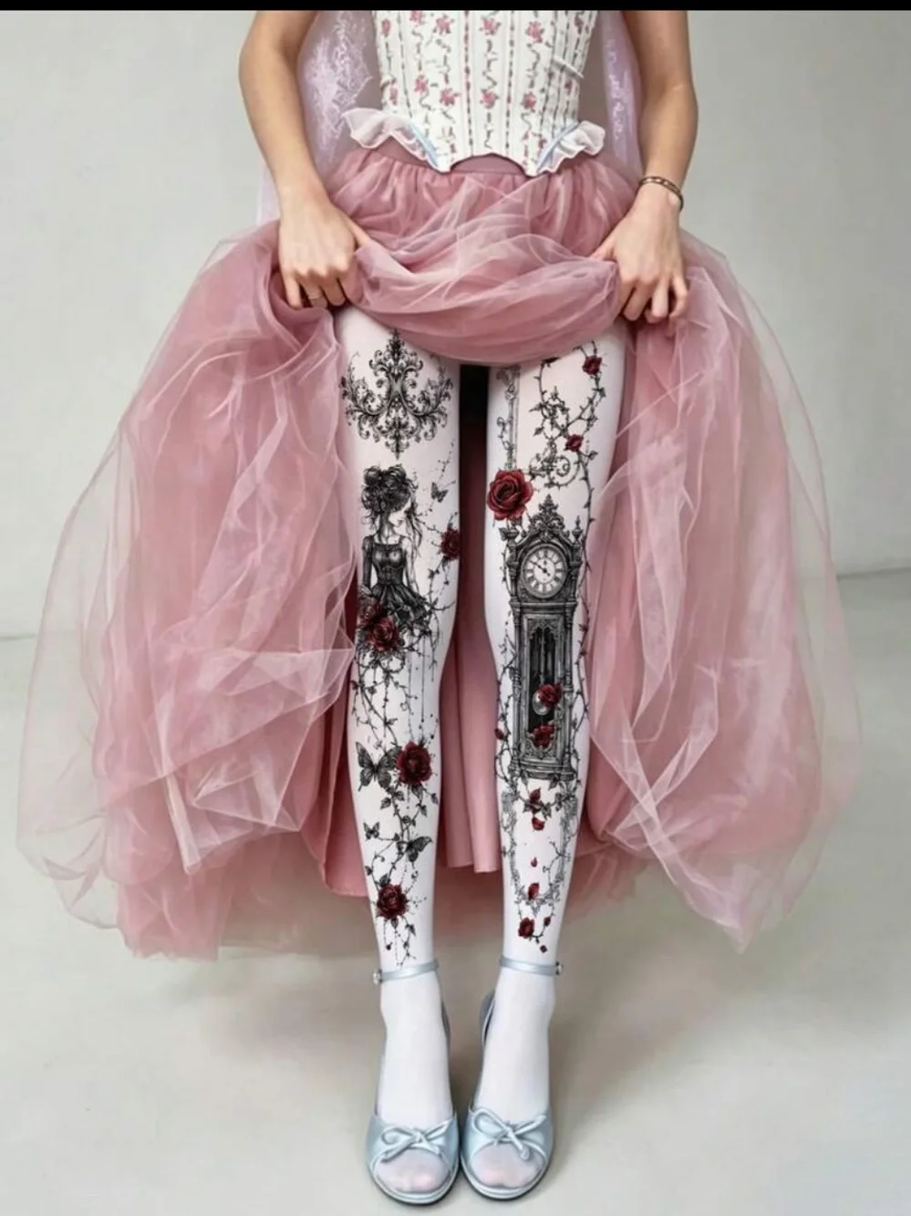 Floral Gothic Clock Print White Tights with Red Rose Detail